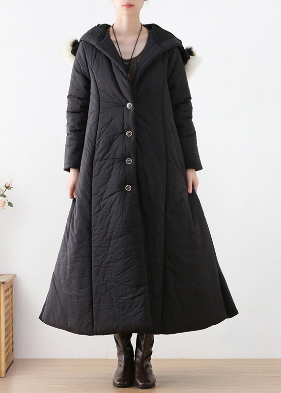 Black Button Hooded Long Parka Winter