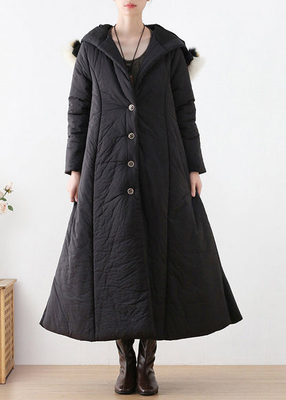 Black Button Hooded Long Parka Winter