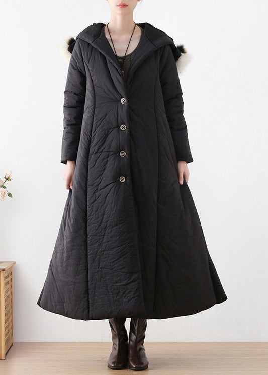 Black Button Hooded Long Parka Winter