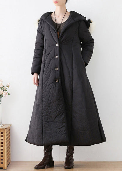 Black Button Hooded Long Parka Winter