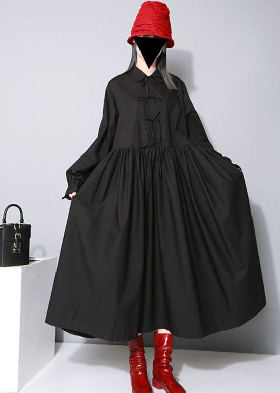 Black Cinched Bow Peter Pan Collar Shirt Dresses Spring