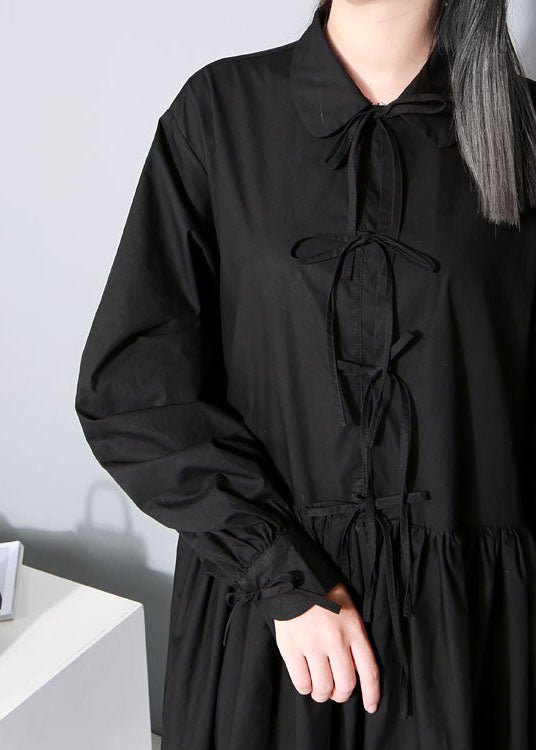 Black Cinched Bow Peter Pan Collar Shirt Dresses Spring