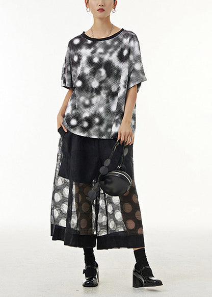 Black Dot Print Hollow Out Tulle Wide Leg Pants Summer