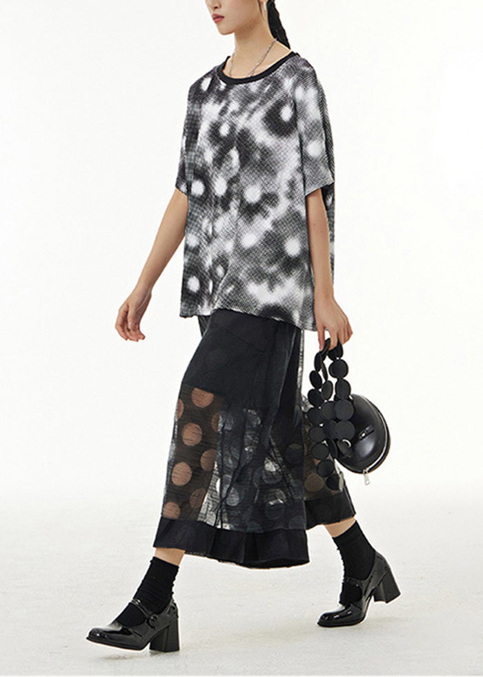 Black Dot Print Hollow Out Tulle Wide Leg Pants Summer