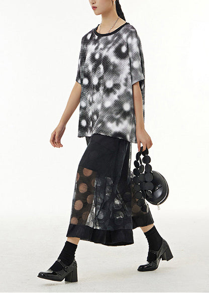 Black Dot Print Hollow Out Tulle Wide Leg Pants Summer