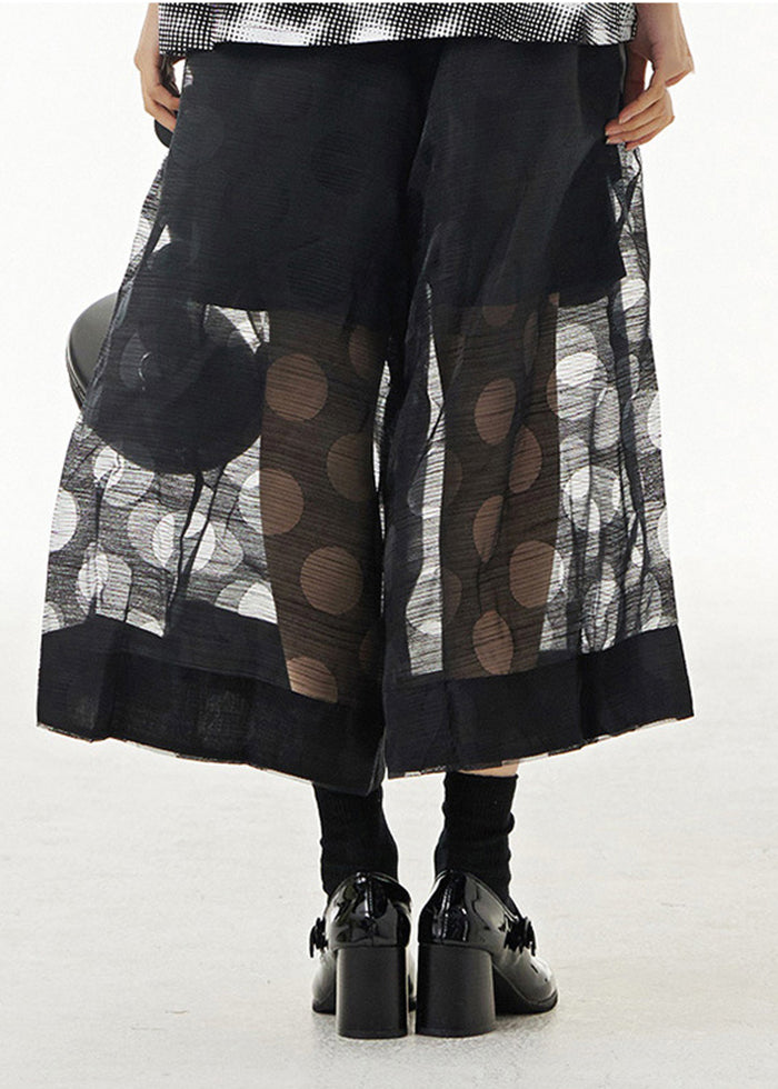 Black Dot Print Hollow Out Tulle Wide Leg Pants Summer