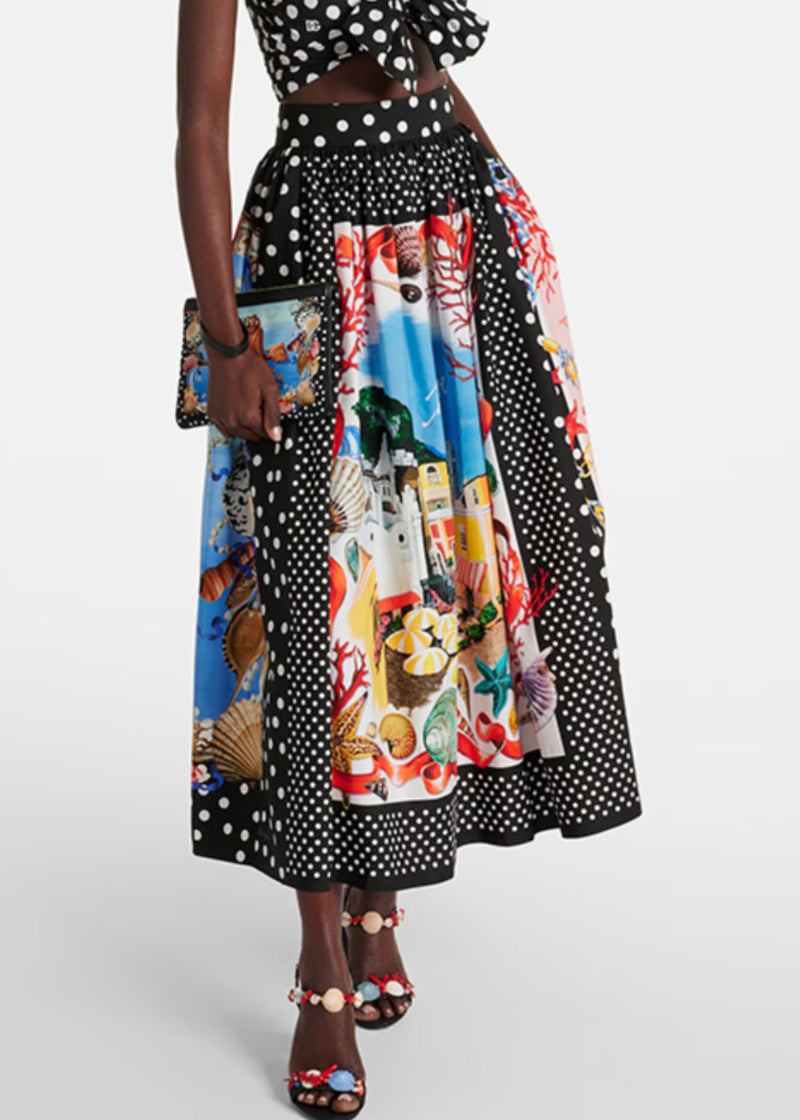 Black Dot Print Pockets Cotton Skirts Summer