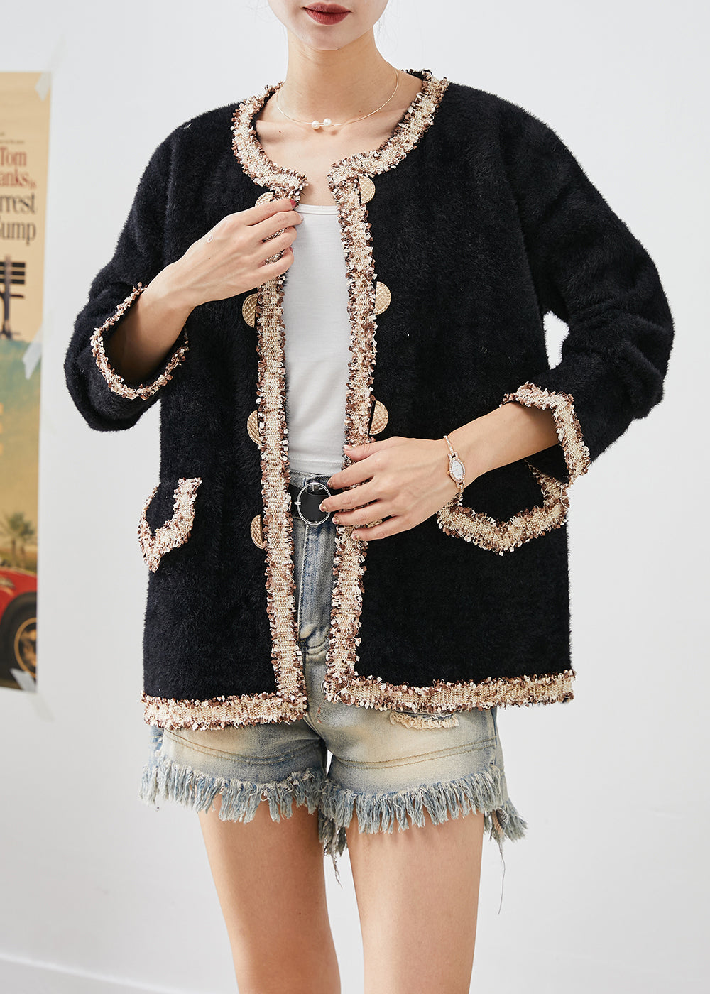 Black Double Breast Patchwork Mink Velvet Coats Fall