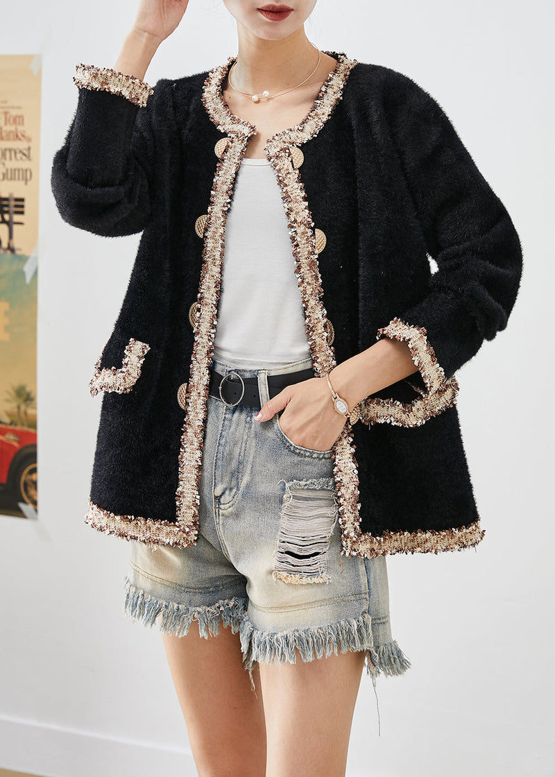 Black Double Breast Patchwork Mink Velvet Coats Fall