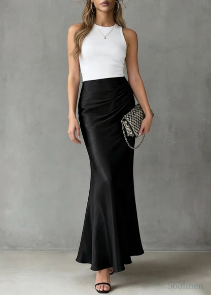 Black Elastic Waist Draping Silk Wraped Skirt Spring