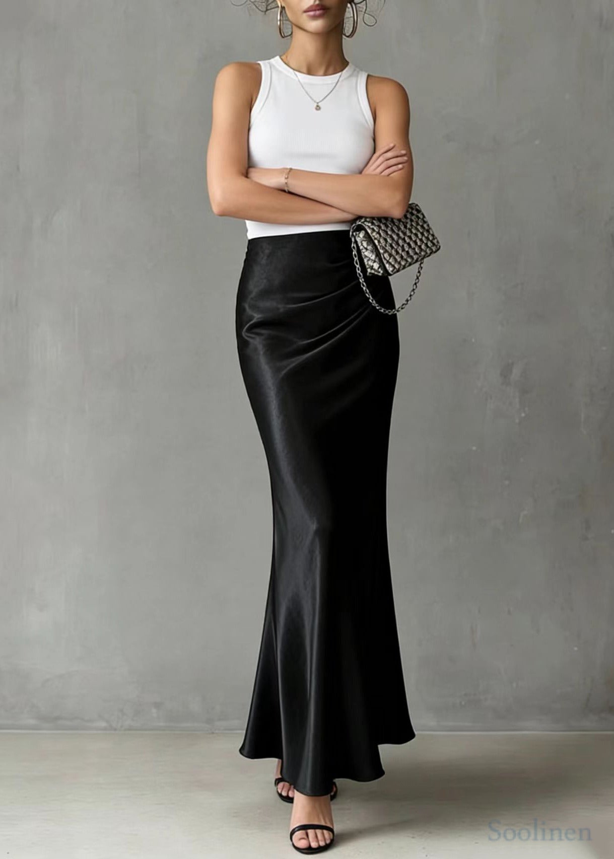 Black Elastic Waist Draping Silk Wraped Skirt Spring