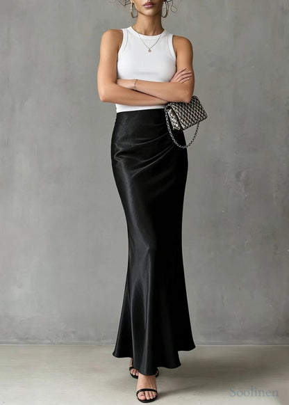 Black Elastic Waist Draping Silk Wraped Skirt Spring