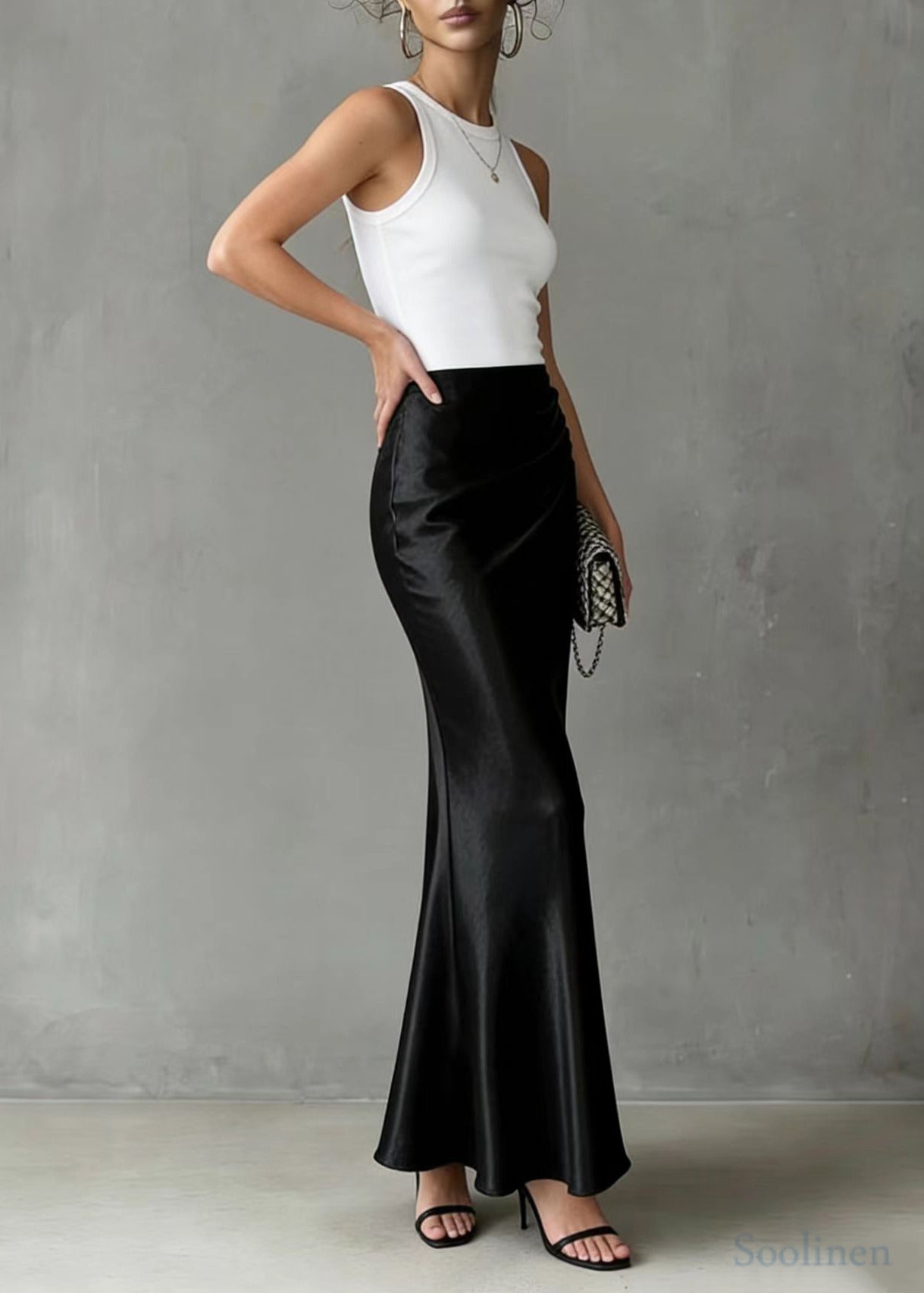Black Elastic Waist Draping Silk Wraped Skirt Spring