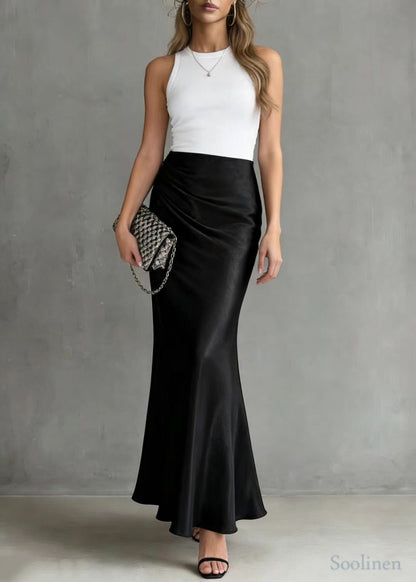 Black Elastic Waist Draping Silk Wraped Skirt Spring