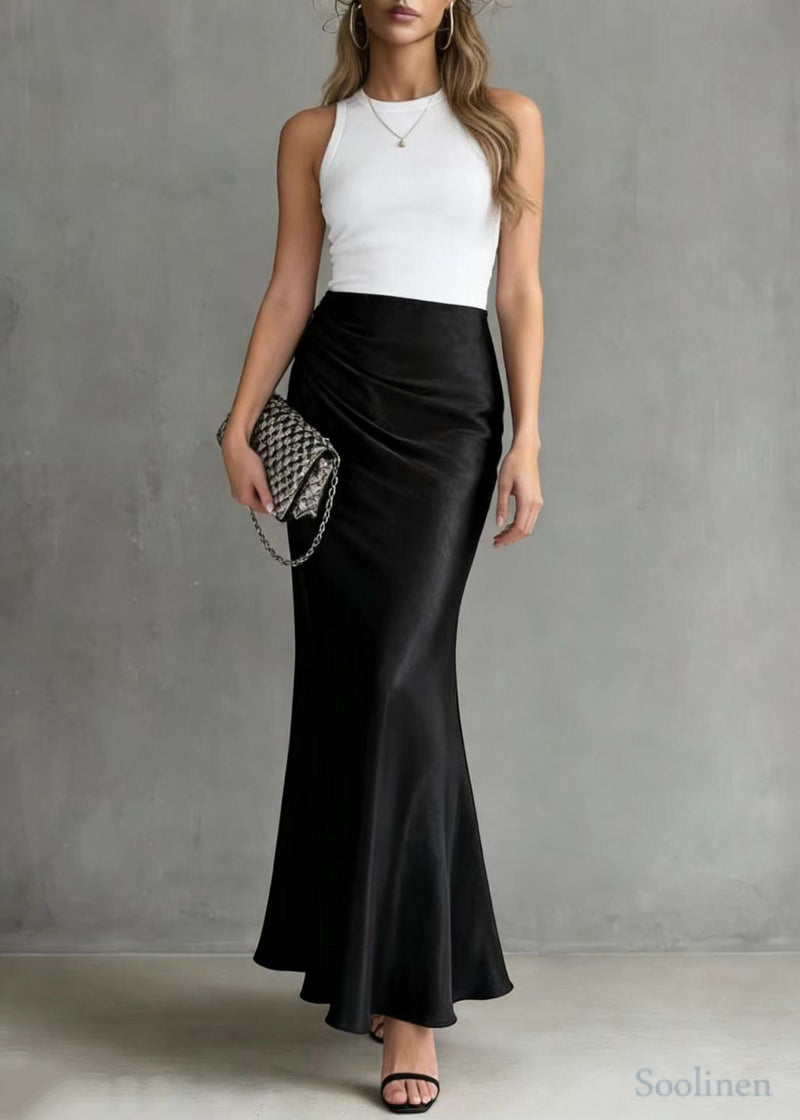 Black Elastic Waist Draping Silk Wraped Skirt Spring