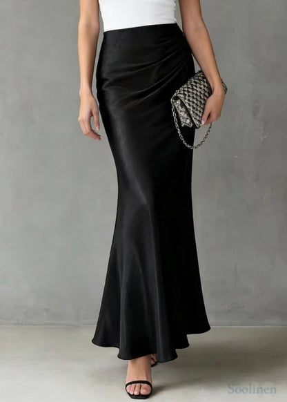 Black Elastic Waist Draping Silk Wraped Skirt Spring