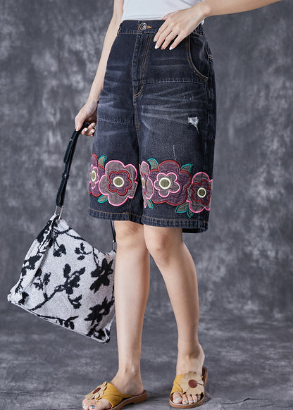 Black Elastic Waist Embroideried Denim Shorts Summer