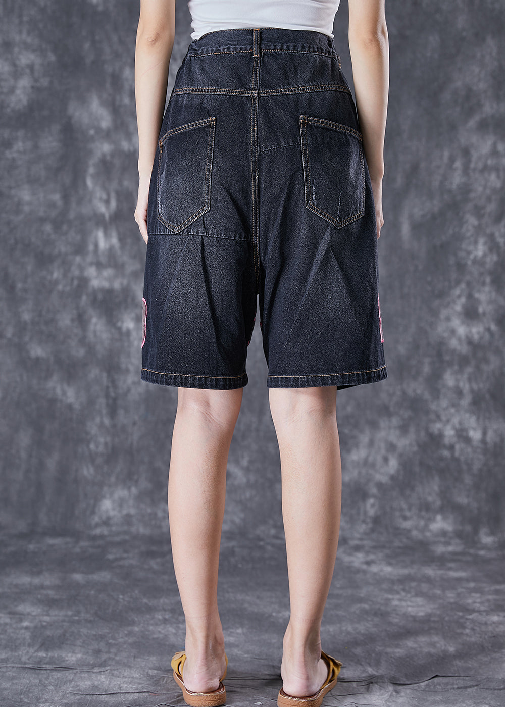 Black Elastic Waist Embroideried Denim Shorts Summer