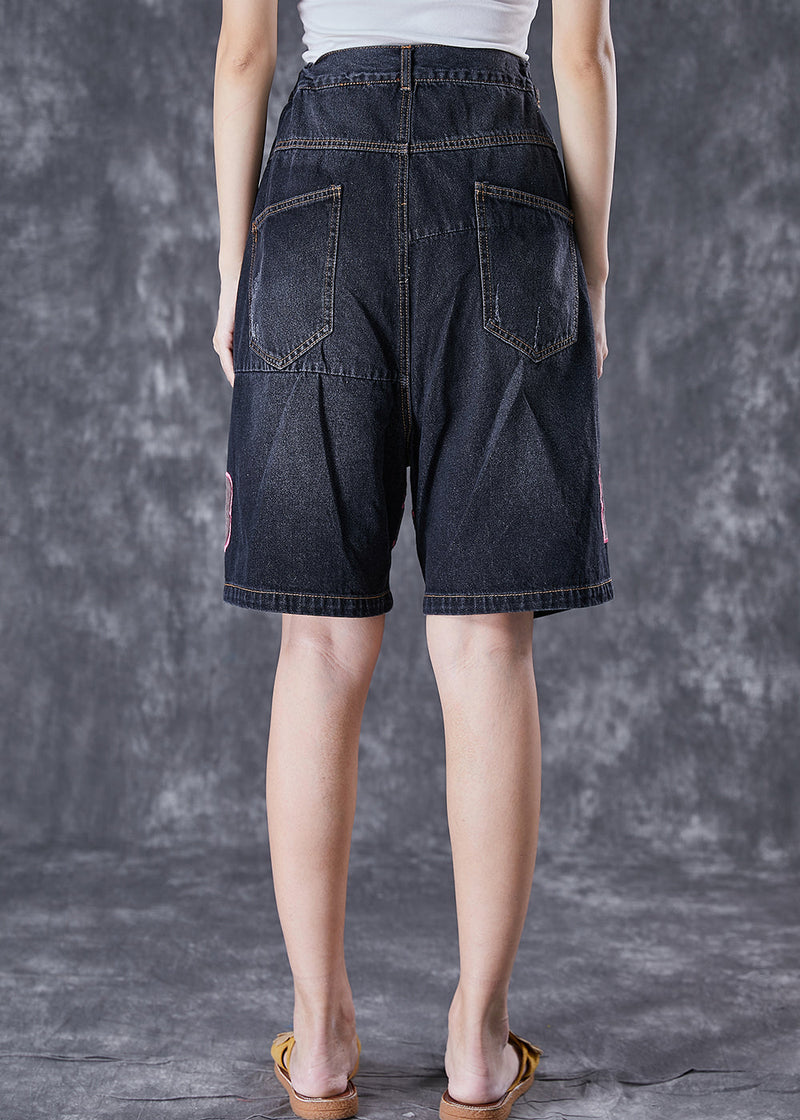 Black Elastic Waist Embroideried Denim Shorts Summer