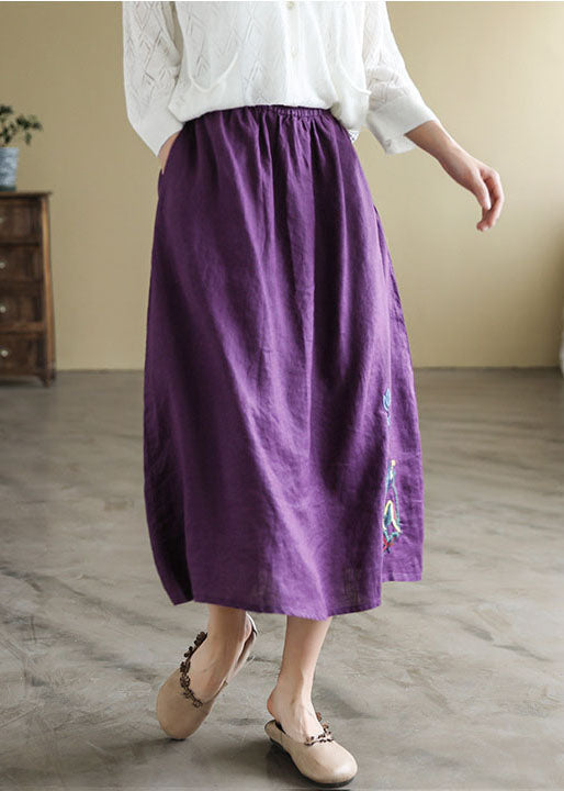Black Elastic Waist Embroideried Linen a Line Skirts Spring