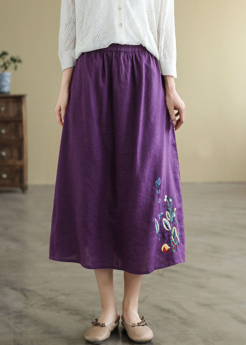 Black Elastic Waist Embroideried Linen a Line Skirts Spring