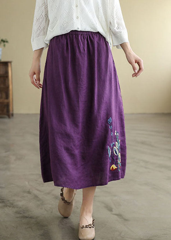 Black Elastic Waist Embroideried Linen a Line Skirts Spring