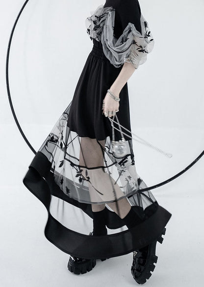 Black Elastic Waist Hollow Out Tulle Patchwork Cotton a Line Skirts Summer