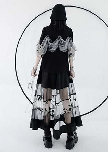 Black Elastic Waist Hollow Out Tulle Patchwork Cotton a Line Skirts Summer