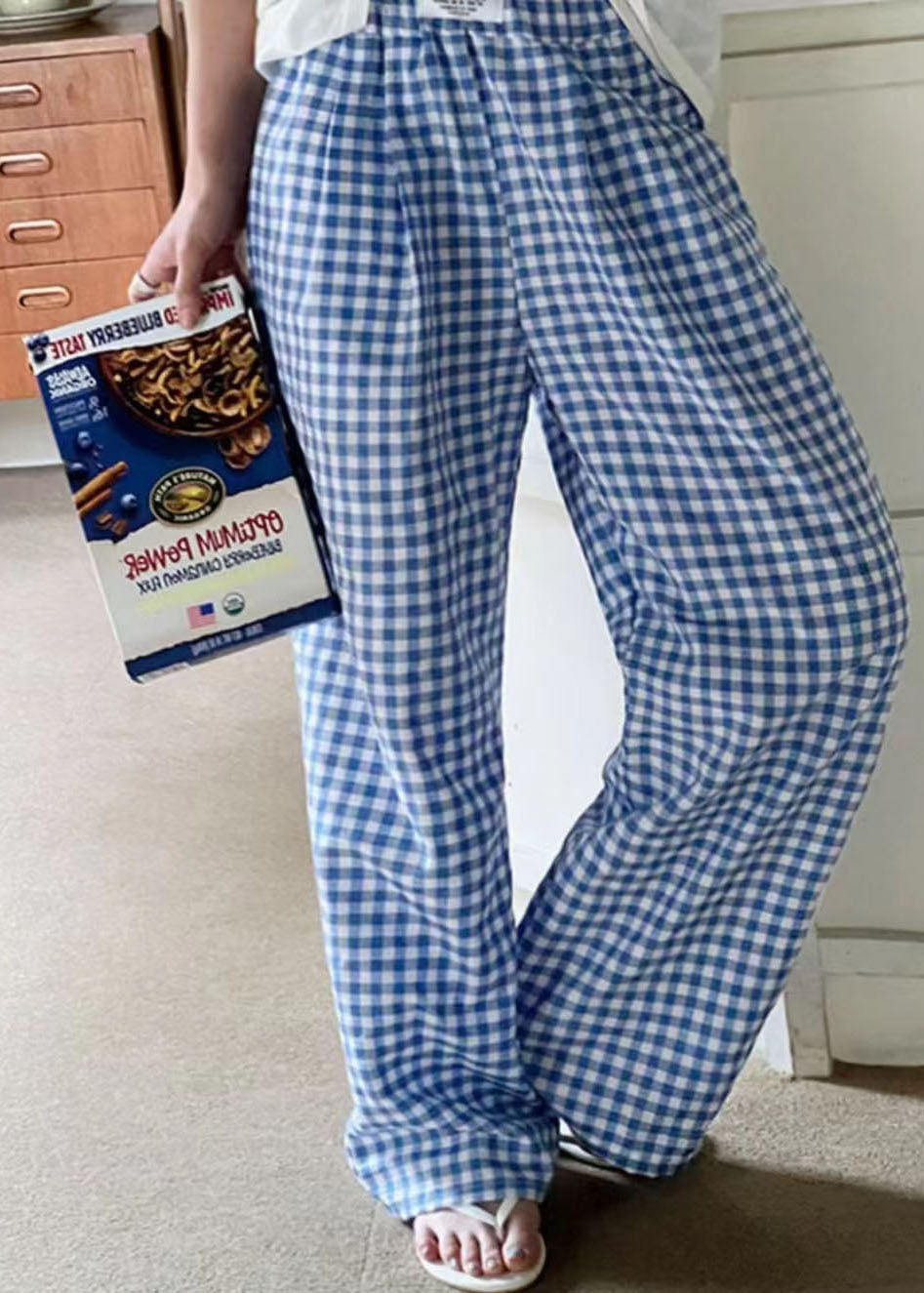Black Elastic Waist Plaid Linen Wide Leg Pants Spring