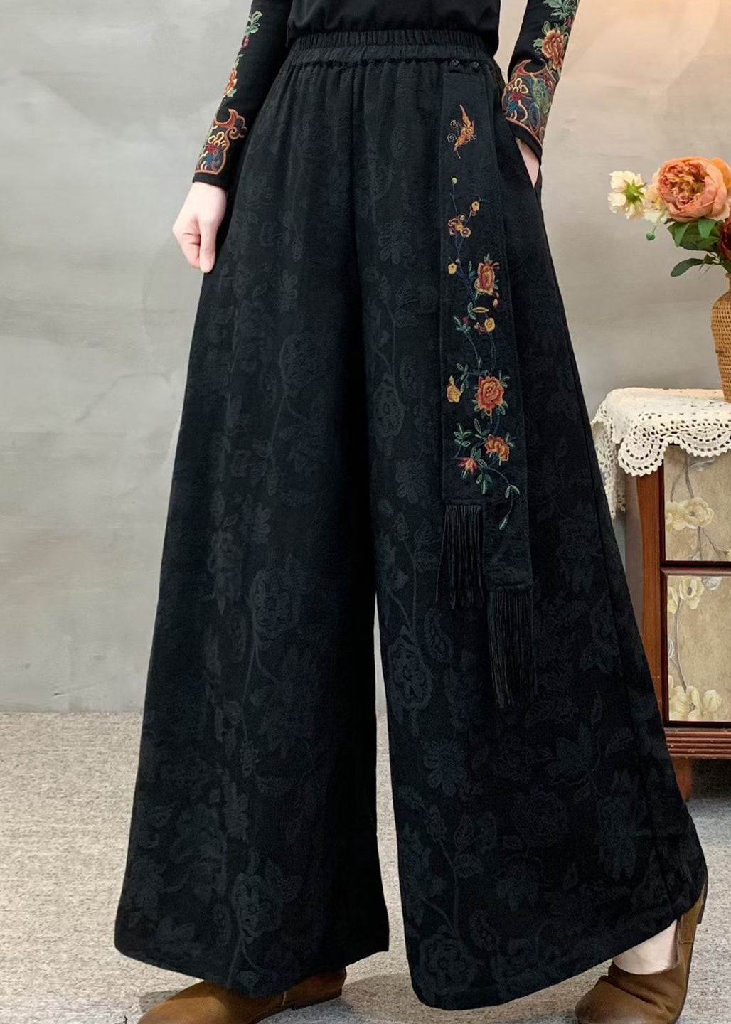 Black Elastic Waist Pockets Jacquard Cotton Pants Fall