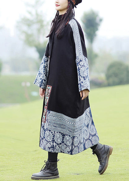 Black Embroidered Patchwork Fine Cotton Filled Coat Spring