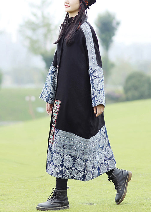Black Embroidered Patchwork Fine Cotton Filled Coat Spring