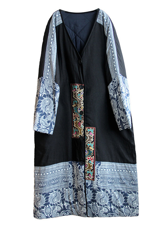 Black Embroidered Patchwork Fine Cotton Filled Coat Spring