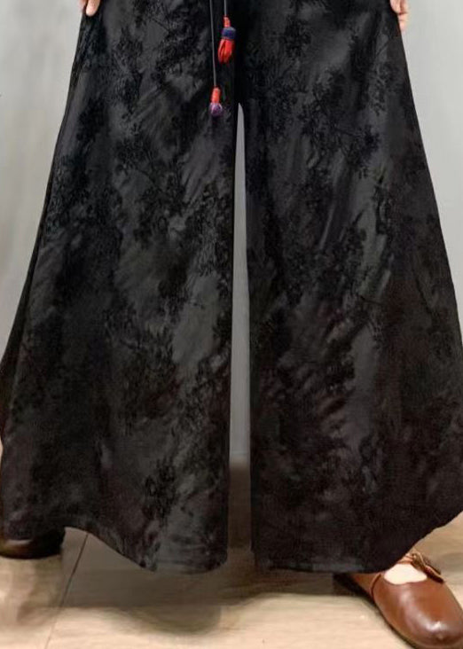 Black Embroidered Patchwork Silk Wide Leg Pants Spring
