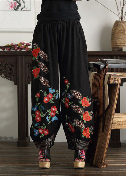 Black Embroideried Elastic Waist Pockets Cotton Lantern Pants Spring
