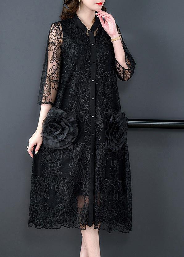 Black Embroideried Tulle Long Coats Half Sleeve