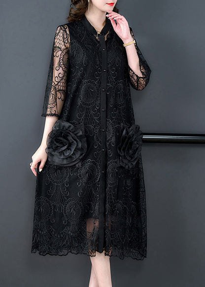 Black Embroideried Tulle Long Coats Half Sleeve