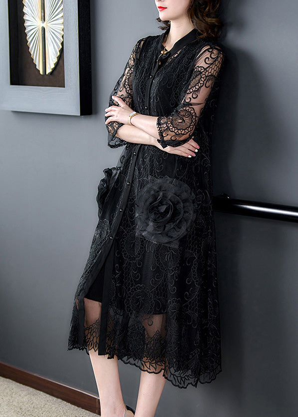 Black Embroideried Tulle Long Coats Half Sleeve