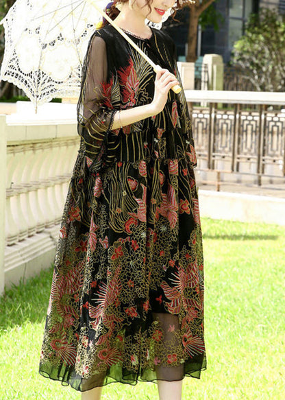 Black Embroideried Lace Up Silk a Line Dresses Summer