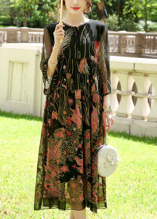 Black Embroideried Lace Up Silk a Line Dresses Summer