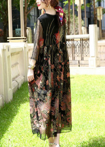 Black Embroideried Lace Up Silk a Line Dresses Summer