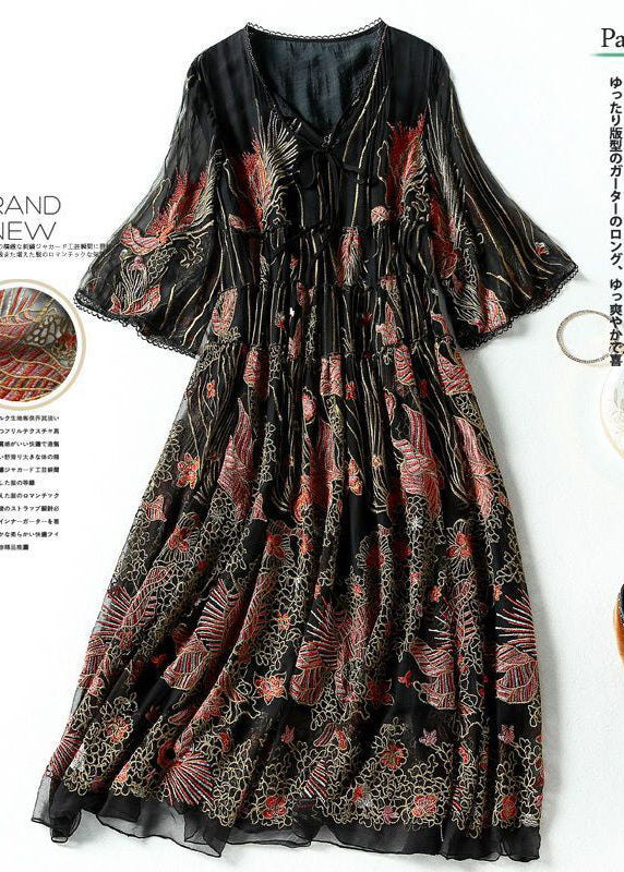 Black Embroideried Lace Up Silk a Line Dresses Summer