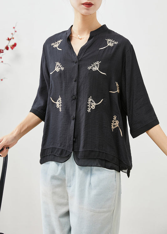 Black Embroideried Patchwork Linen Shirt Top Half Sleeve