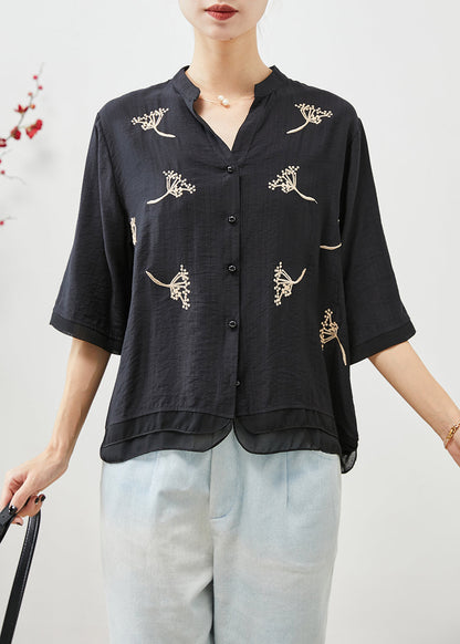 Black Embroideried Patchwork Linen Shirt Top Half Sleeve