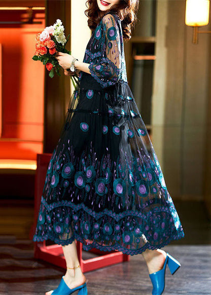 Black Embroideried Patchwork Long Chiffon Dress Summer