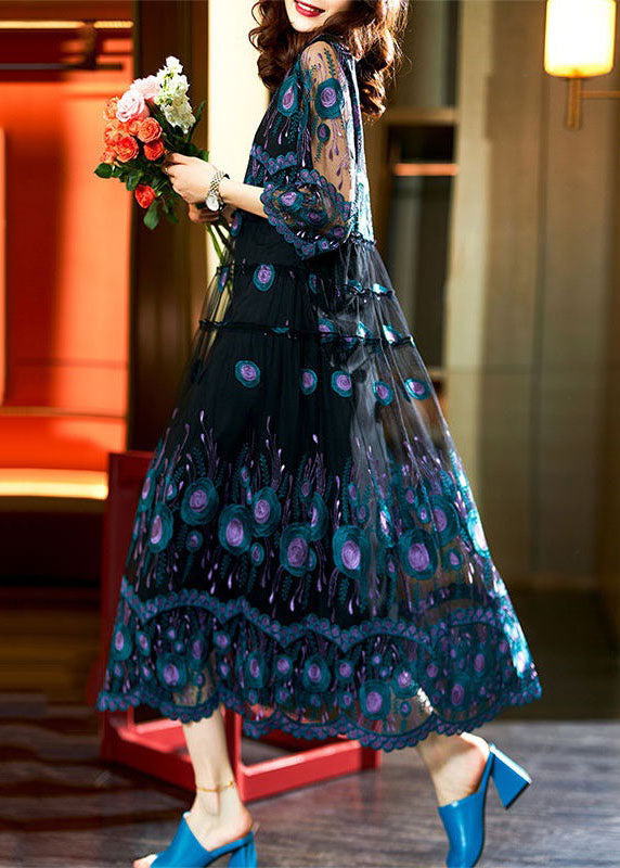 Black Embroideried Patchwork Long Chiffon Dress Summer