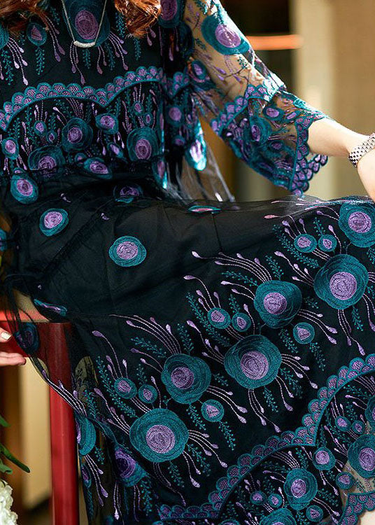Black Embroideried Patchwork Long Chiffon Dress Summer