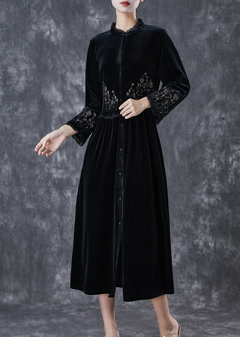 Black Embroidered Ruffled Silk Velour Dress Spring