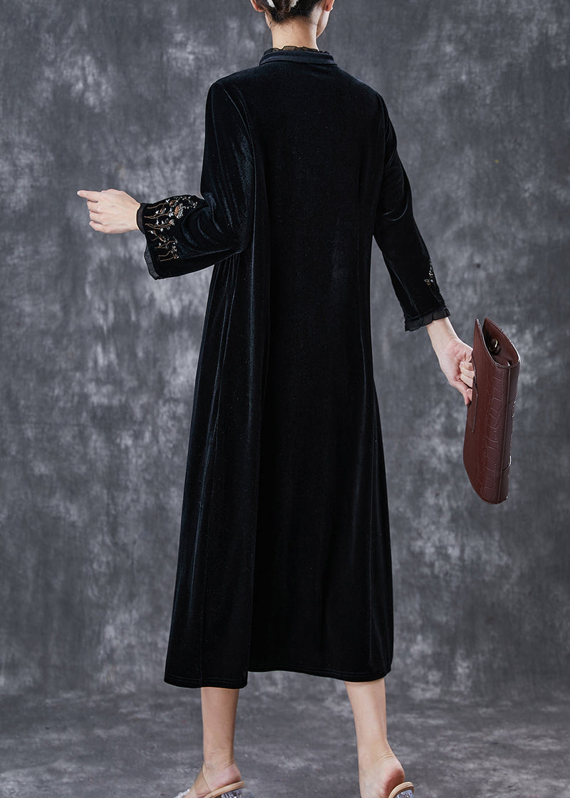 Black Embroidered Ruffled Silk Velour Dress Spring