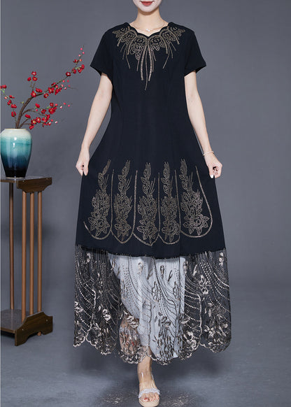 Black Embroideried Tulle Patchwork Zircon Cotton Dress Summer